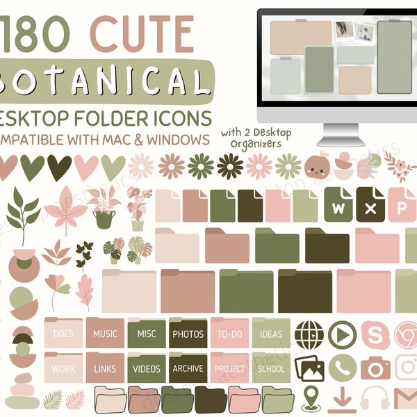 180 Botanical Desktop Folder Icons with Free Desktop Organizers for Mac, Windows | Cute PC Icons | Desktop Aesthetic | Green Mac Folder Icon