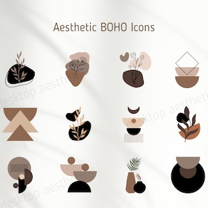 Może przedstawiać: Grafika Aesthetic Boho Icons z r&oacute;żnymi abstrakcyjnymi kształtami i elementami botanicznymi w odcieniach brązu, czerni i beżu. Tekst "Aesthetic BOHO Icons" znajduje się u g&oacute;ry. Ikony są ułożone na jasnym tle.