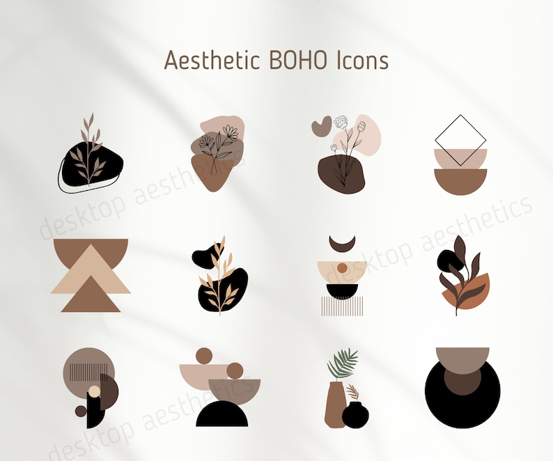 Może przedstawiać: Grafika Aesthetic Boho Icons z r&oacute;żnymi abstrakcyjnymi kształtami i elementami botanicznymi w odcieniach brązu, czerni i beżu. Tekst "Aesthetic BOHO Icons" znajduje się u g&oacute;ry. Ikony są ułożone na jasnym tle.