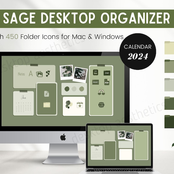 Calendar 2024 Sage Desktop Organizer with 450 Folder Icons for Mac, Windows | Botanical Desktop Icons  | Desktop Wallpaper | Mac Wallpaper