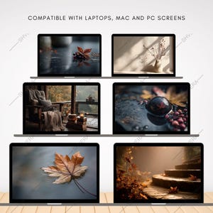 May include: A collection of laptop screens displaying autumn-themed images. The screens showcase scenes of fall leaves, cozy interiors, and nature landscapes. Text at the top reads "COMPATIBLE WITH LAPTOPS, MAC AND PC SCREENS."
