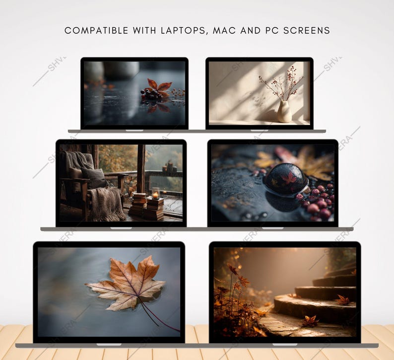 May include: A collection of laptop screens displaying autumn-themed images. The screens showcase scenes of fall leaves, cozy interiors, and nature landscapes. Text at the top reads "COMPATIBLE WITH LAPTOPS, MAC AND PC SCREENS."