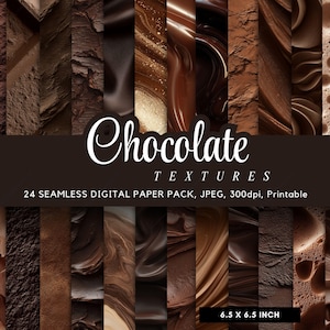 以下が含まれることがあります： 24種類のシームレスなチョコレートテクスチャを含むデジタルペーパーパック。画像は、溶けたチョコレート、ココア、樹皮に似たテクスチャで、明るい色から暗い色まで、さまざまな茶色の色合いを表示します。 パックは16.5 x 16.5 cmで、印刷可能です。