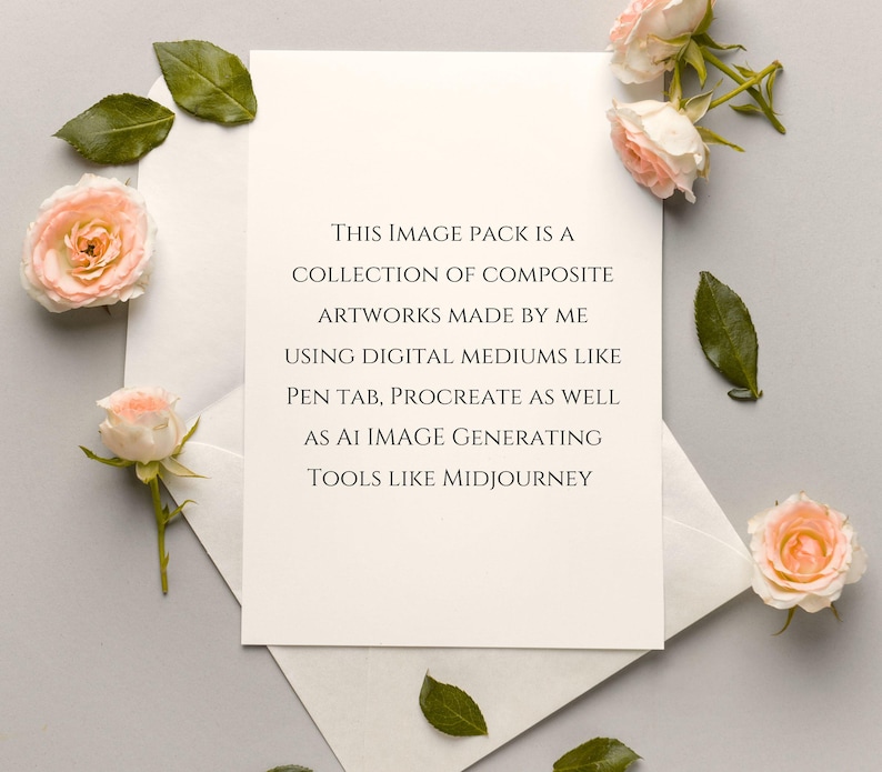 May include: A white card with text, surrounded by pink roses and green leaves, rests on a light gray surface. The text reads: "THIS IMAGE PACK IS A COLLECTION OF COMPOSITE ARTWORKS MADE BY ME USING DIGITAL MEDIUMS LIKE PEN TAB, PROCREATE AS WELL AS AI IMAGE GENERATING TOOLS LIKE MIDJOURNEY."