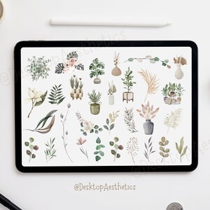 K&ouml;nnte beinhalten: Ein digitaler Tablet-Bildschirm zeigt eine Sammlung von 28 Aquarell-Illustrationen von Pflanzen, Blumen und Bl&auml;ttern in Gr&uuml;n-, Braun- und Wei&szlig;t&ouml;nen. Die Illustrationen sind in einem Raster auf wei&szlig;em Hintergrund angeordnet. Der Text "@DesktopAesthetics" befindet sich am unteren Rand des Bildschirms.