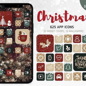 May include: A digital phone screen with a Christmas-themed app icon design. The icons are red, green, and white with a snowy background. The text on the screen says "Christmas 625 App Icons 32 Widget Covers, 12 Wallpapers".