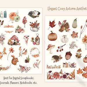Puede incluir: Un conjunto de pegatinas digitales con ilustraciones oto&ntilde;ales en colores c&aacute;lidos, que incluyen calabazas, hojas, setas, bellotas, una ardilla, un erizo y una linterna. El texto "Elegant Cozy Autumn Aesthetic" est&aacute; en la parte superior de la imagen.