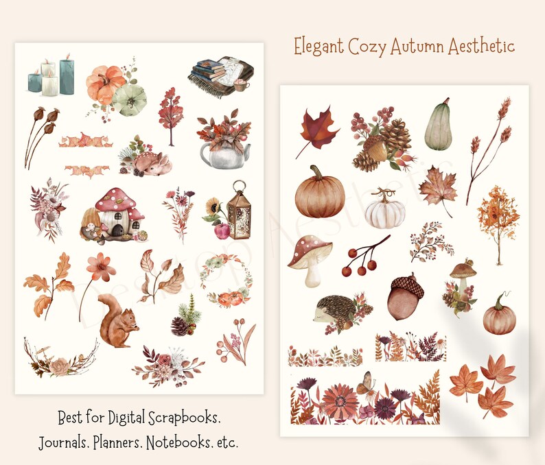 Puede incluir: Un conjunto de pegatinas digitales con ilustraciones oto&ntilde;ales en colores c&aacute;lidos, que incluyen calabazas, hojas, setas, bellotas, una ardilla, un erizo y una linterna. El texto "Elegant Cozy Autumn Aesthetic" est&aacute; en la parte superior de la imagen.