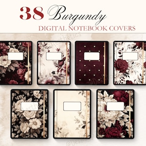 May include: 38 digital notebook covers in a burgundy color scheme. The covers feature floral designs with gold accents. Some covers have a solid burgundy background with gold hearts.