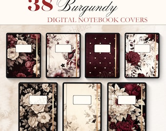 Floral Burgundy Goodnotes Covers, 38 Digital Notebook Covers, Maroon Aesthetic | Digital Covers for Goodnotes iPad, Mac | iPad Aesthetic