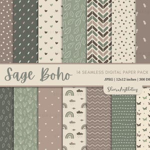 May include: A digital paper pack featuring 14 seamless designs in a sage green and neutral color palette. Patterns include polka dots, leaves, hearts, chevrons, and butterflies. The text "Sage Boho" and product details are displayed.