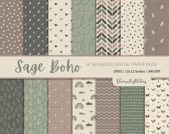 14 bezszwowe papiery cyfrowe Sage Boho: do rękodzieła, albumów, dzienników itp. Do druku w formacie JPEG z możliwością użytku komercyjnego, natychmiastowe pobranie cyfrowe