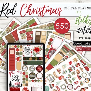 May include: A digital planner kit with 550 pre-cropped Christmas-themed sticky notes for Goodnotes. The notes feature red, green, and white colours with illustrations of Christmas trees, ornaments, and other festive elements. The text "Red Christmas" is displayed in large, bold letters at the top of the image.