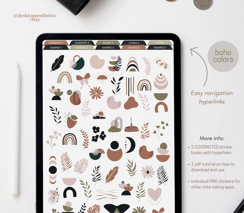 May include: A digital tablet displaying a set of 50 digital stickers in a boho style with colors like brown, pink, green, and black. The stickers are organized into five categories: elements, shapes, icons, and paper. The stickers are designed for use in digital note-taking apps like GoodNotes.