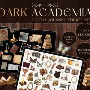 Puede incluir: Un conjunto de pegatinas digitales con 120 archivos PNG precortados para hojas de pegatinas Goodnotes. Las pegatinas presentan un tema de academia oscura con imágenes de libros, velas, mariposas y otros elementos de inspiración vintage.