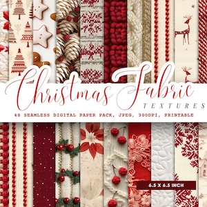 May include: A selection of Christmas fabric textures in red, white, and beige. The image features diverse patterns including knitted designs, snowflakes, and floral motifs. The text "Christmas Fabric Textures" is displayed. Each paper is 16.5 x 16.5 cm.