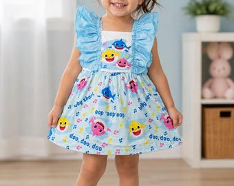 Blue Shark Theme Toddler Dress | Ruffle Sleeve Summer Dress for Girls | Ocean Birthday Outfit | Cute Boutique Twirl Dress