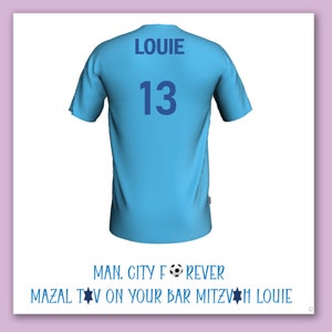Karta na bar micwę piłkarza Manchester City/Spersonalizowana koszulka piłkarska Manchester City na bar micwę/Karta na micwę piłkarza Manchester City