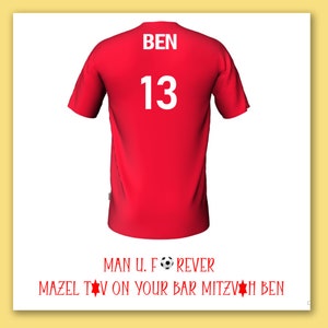 Tarjeta de bar mitzvah de fútbol Manchester United/tarjeta de camiseta de fútbol personalizada barmitzvah Manchester Utd/tarjeta Man U Bar Mitzvah
