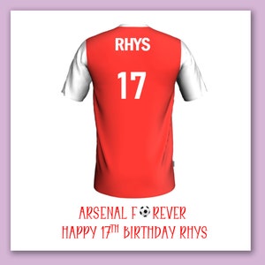 Cartão de aniversário do time de futebol do Arsenal/cartão de camisa de futebol personalizado do Arsenal/cartão de aniversário do futebol do Arsenal/camisa de futebol do Arsenal