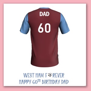 Tarjeta de cumpleaños del equipo de fútbol del West Ham/Tarjeta de camiseta de fútbol personalizada del West Ham/Tarjeta de fútbol del West Ham/Tarjeta de camiseta de fútbol del West Ham