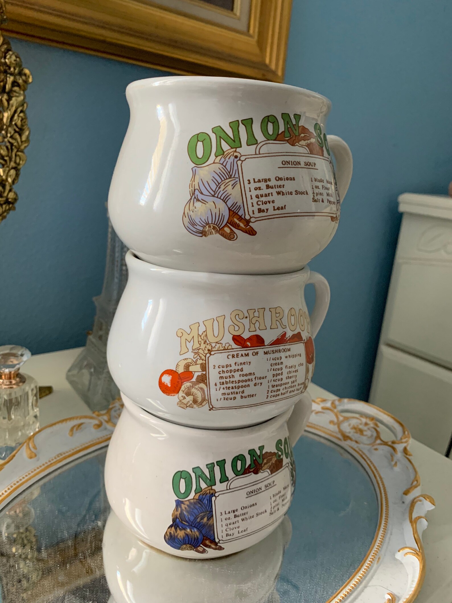 Set of 3 Vintage Soup Cups Onion Soup, Mushroom Soup Vintage Glassware