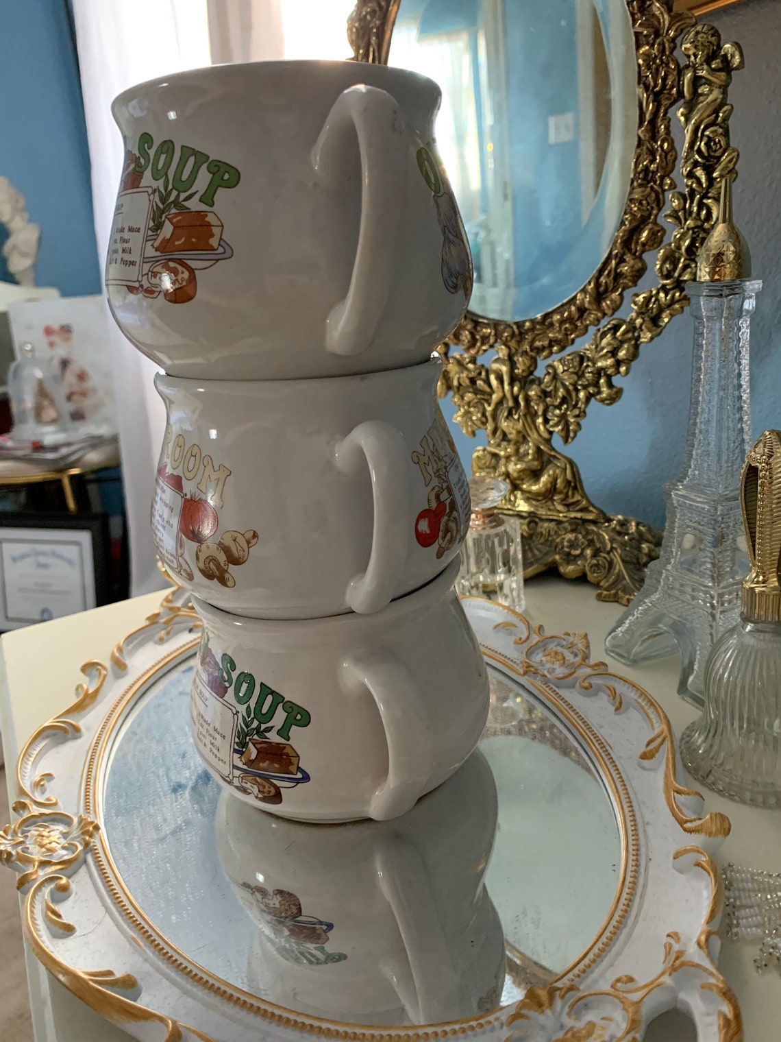 Set of 3 Vintage Soup Cups Onion Soup, Mushroom Soup Vintage Glassware