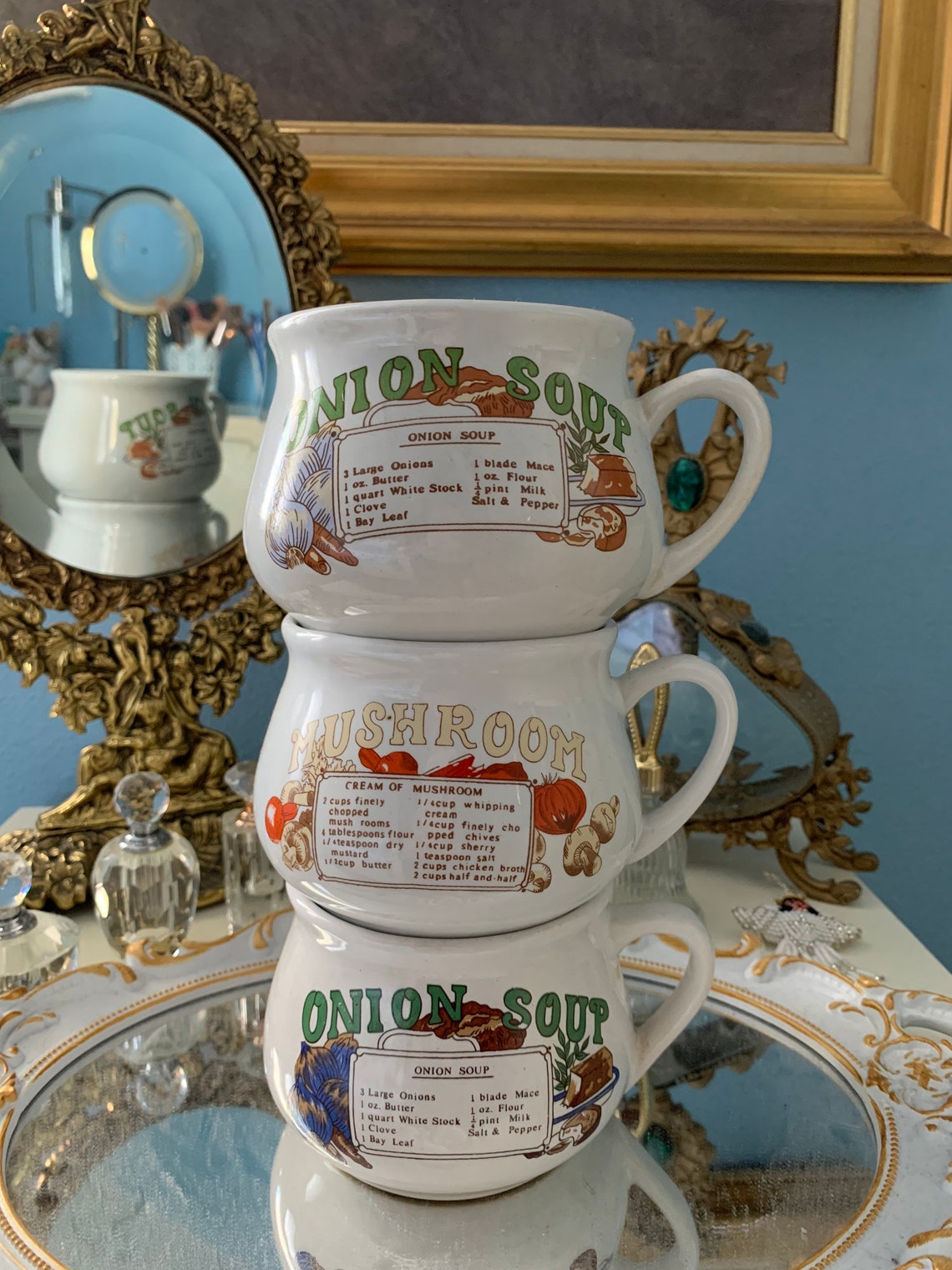 Set of 3 Vintage Soup Cups Onion Soup, Mushroom Soup Vintage Glassware Etsy