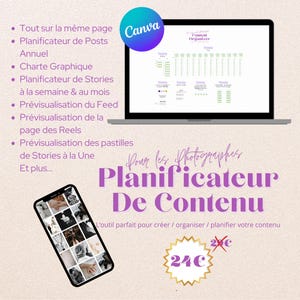 Peut inclure: Un modèle de planificateur numérique violet et blanc pour les photographes. Le modèle est conçu pour aider les photographes à planifier leur contenu pour les médias sociaux. Le modèle comprend un calendrier, un calendrier de contenu et une section pour planifier des stories. Le texte sur le modèle indique "Content Organizer" et "Planificateur De Contenu". Le prix est indiqué à "24€".