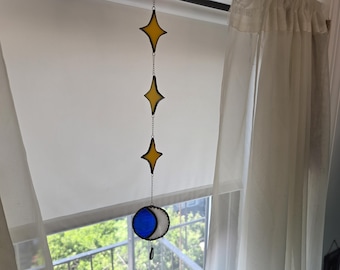 Moon & Stars Hanging Sun Catcher, Stained Glass Art, New Home Gift
