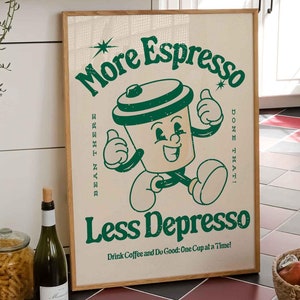 Kaffee Poster More Espresso Less Depresso Cartoon Retro Print Wall Art Wanddekoration in Vintage Style Print Gifts für Kaffee Liebhaber