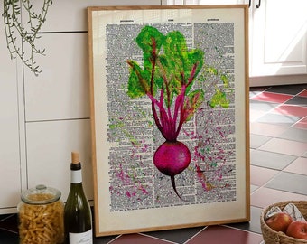 Print beetroot on an antiquarian book page poster kitchen poster local vegetables watercolor wall decoration kitchen wall decoration vintage style