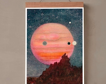May include: A watercolor painting of a pink and orange planet with a dark blue background and stars. The planet has a dark spot and a white spot on its surface. There are small white dots in the background, and a dark silhouette of a mountain range at the bottom of the image.