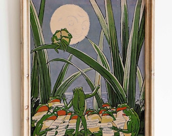 Póster vintage de concierto de ranas, divertida ilustración de anfibios, arte retro de pared con ranas y notas musicales, impresión de cuento de hadas de animales, póster vintage caprichoso