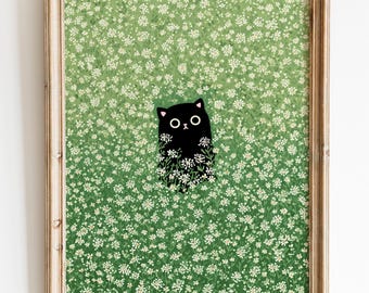 Katt i ett grönt blomsterfält Poster Kawaii kattväggkonst illustration i japansk stil Söt poster Grönt naturmotiv för kattälskare