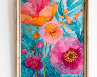 Floral Watercolor Wall Art, Colorful Floral Art Print, Poppies, Leaves, Turquoise, Pink, Orange Decor, Colorful Poppies Wall Art, Floral Wall Picture