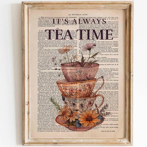 Vintage print teacups with flowers on an antique book page, dictionary art print, floral wall decoration picture.