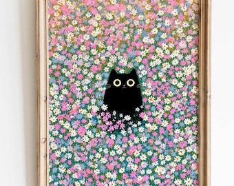 May include: Framed art print featuring a black cat silhouette with large white eyes, set against a vibrant floral background of pink, white, and blue flowers. The artwork is enclosed in a light brown wooden frame.