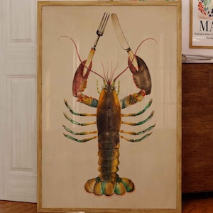 Vintage print lobster poster lobster with cutlery wall art retro illustration wall decoration kitchen poster country house gift idea