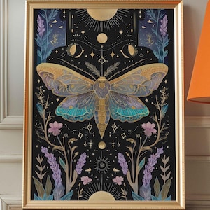 Mystic Moth Poster Boho Butterfly Moon Phases Wall Art Spiritual Insect Print Magical Botanical Illustration Esoteric Decor