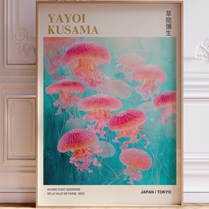 Póster de medusas rosas de Yayoi Kusama, decoración de pared japonesa, ilustración de medusas rosas, impresión de arte moderno, impresión Giclée de museo, póster de museo