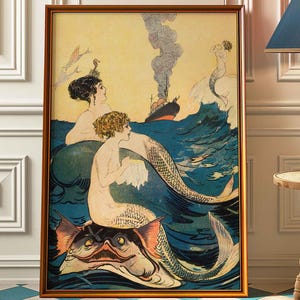 Vintage Print Mermaids Poster vintage illustration wall decoration retro wall decoration antique wall decoration gift idea picture