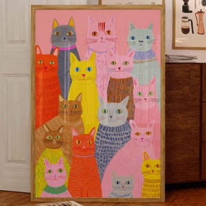 Buntes Katzenposter Lustige Katzen Druck Katzen Kunstdruck mit vielen Katzen Lustiges Wandbild Dopamine Dekor Katzen Wandkunst Geschenkidee