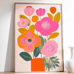 Póster con ilustración de flores coloridas, arte moderno en estilo retro, decoración de pared fresca, jarrones coloridos, póster de flores, decoración floral de dopamina.