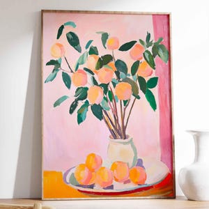 Póster de naranjas en un jarrón estilo Matisse, naranjas jugosas, fondo rosa en la decoración de la pared, decoración de la pared, póster de cocina, mural mediterráneo