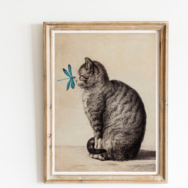 Vintage Print Katze mit Libelle Vintage Poster Illustration Wanddekoration Wandschmuck Katzenposter Geschenkidee