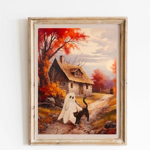 Vintage Druck Geist und schwarze Katze Halloween Herbst Poster Kunstdruck Dark Academia Wandkunst Wanddekoration Geschenkidee Gemälde