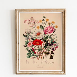 Vintage print blooming bouquet wild roses berries floral illustration poster flowers floral wall decor gift idea