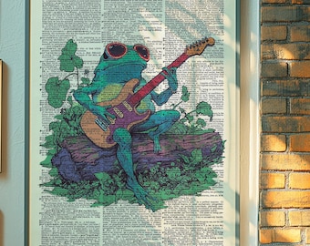 Póster de violinista rana en página de diccionario antiguo. Estampado de rana músico caprichoso. Decoración de pared de galería ecléctica. Lámina de arte antiguo.