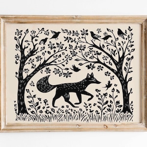 Fuchs Poster Fuchs im Wald Art Print Folklore Fuchs Druck Wandkunst Whimsical Wanddekoration in Vintage Style Waldtier Poster Boho Wall Art